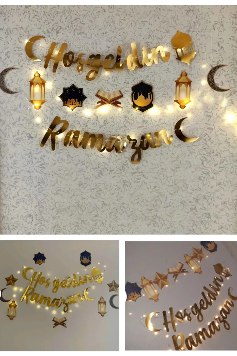 3 parça Ledli Hoşgeldin Ramazan Banner, Dekoratif Uzar Süs Ay Yıldız Kuran Mahya Cami Temalı Set gorsel 2