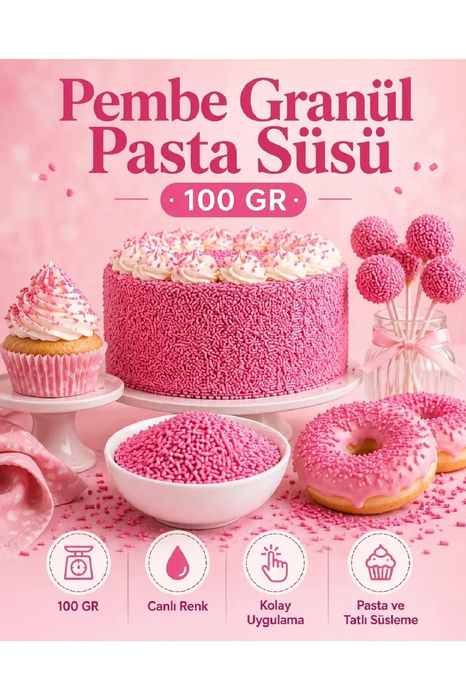 🌟 Pembe Granül Pasta Süsü 200 Gr | Pasta, Cupcake, Donut, Kurabiye ve Tatlı Süsleme Şekeri gorsel 2