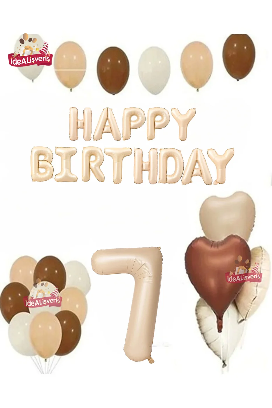 Happy Birthday 7 Yaş Bej Folyo Balon Kahverengi Beyaz Bej Doğum Günü Parti Seti
