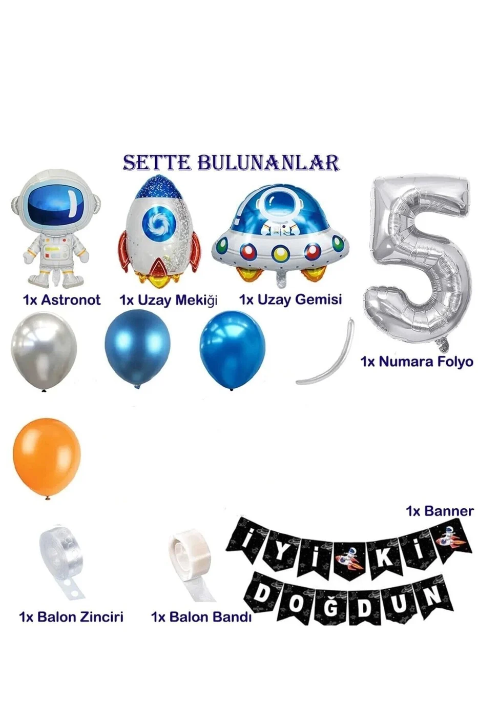 Uzay Temalı Doğum Günü Seti 5 Yaş; 4 Adet Folyo, 50 Lateks Balon, Banner, Balon Zinciri, Balon Bandı gorsel 3