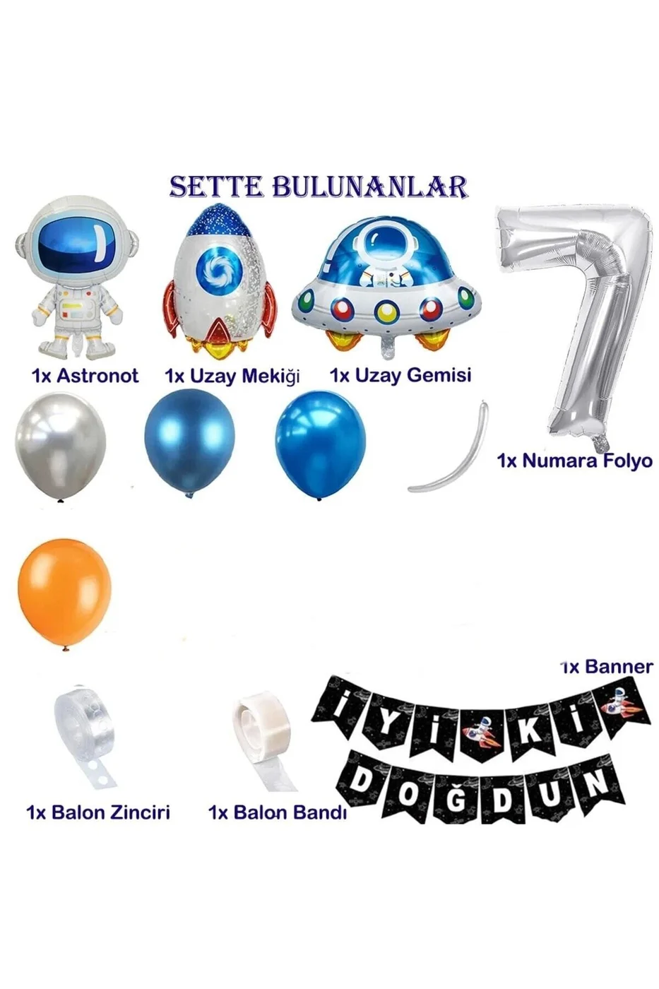 Uzay Temalı Doğum Günü Seti 7 Yaş; 4 Adet Folyo, 50 Lateks Balon, Banner, Balon Zinciri, Balon Bandı gorsel 3