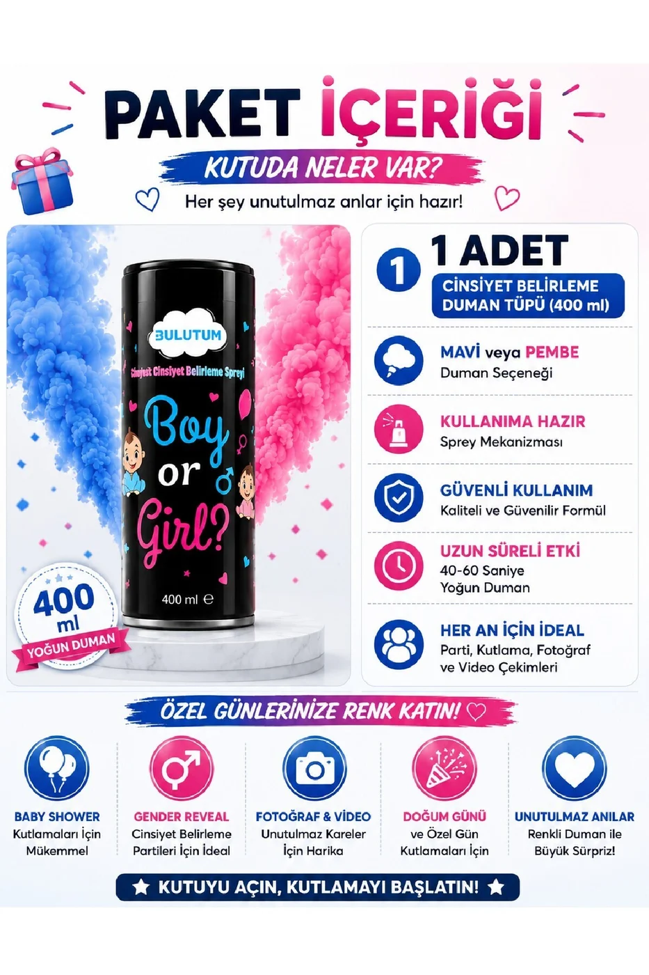 Cinsiyet Belirleme Duman Tüpü 400 ml Mavi & Pembe Gender Reveal Baby Shower Yoğun Duman Efekti gorsel 2