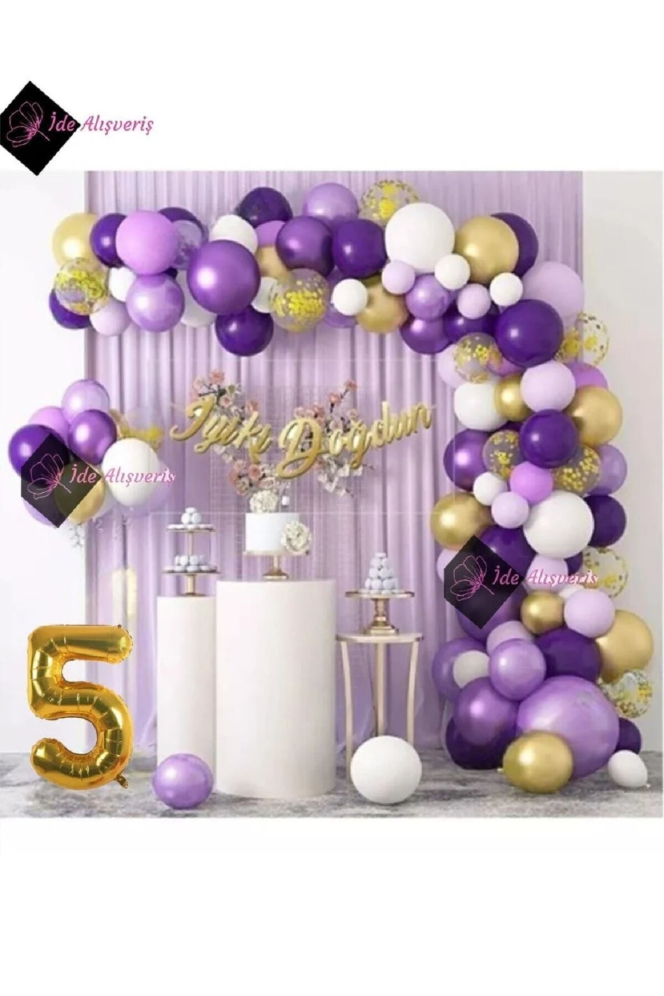 5 Yaş Macaron Mor Balon Zinciri Seti Gölge Mor Altın Balon Dekorasyon gorsel 2