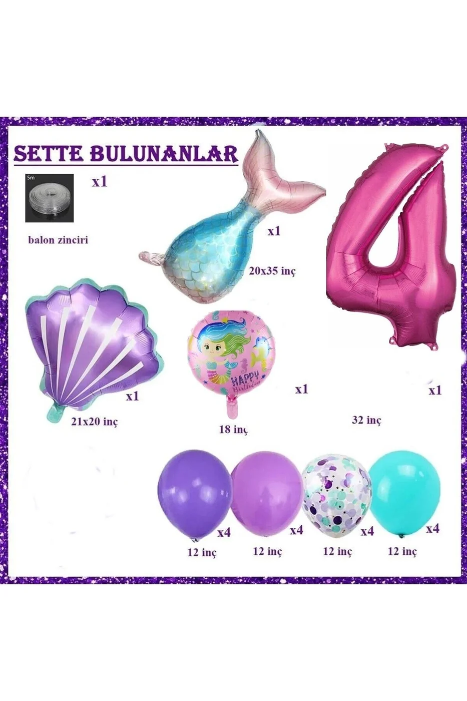 Büyük 4 Yaş Deniz Kızı Temalı Doğum Günü Parti Kutlama Seti Konsept gorsel 2