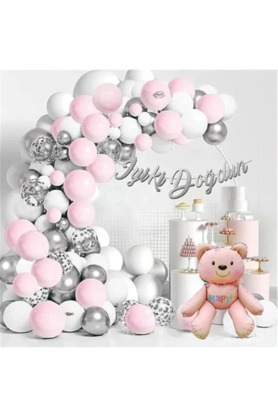 KIZ ÇOCUKLARI İÇİN RETRO PEMBE AYILI GÜMÜŞLÜ PEMBELİ LÜKS BALON ZİNCİR DOĞUM GÜNÜ PARTİ SETİ SÜSÜ