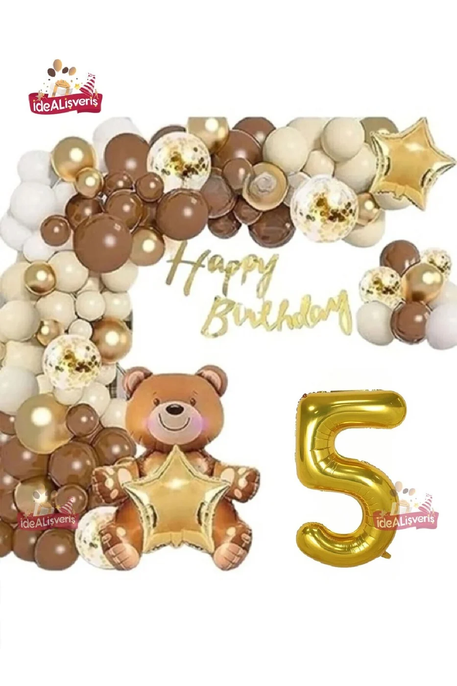 LÜKS KAHVERENGİ OTURAN AYI 5 YAŞ BALON SETİ DOĞUM GÜNÜ SÜSÜ PARTİ SETİ gorsel 2