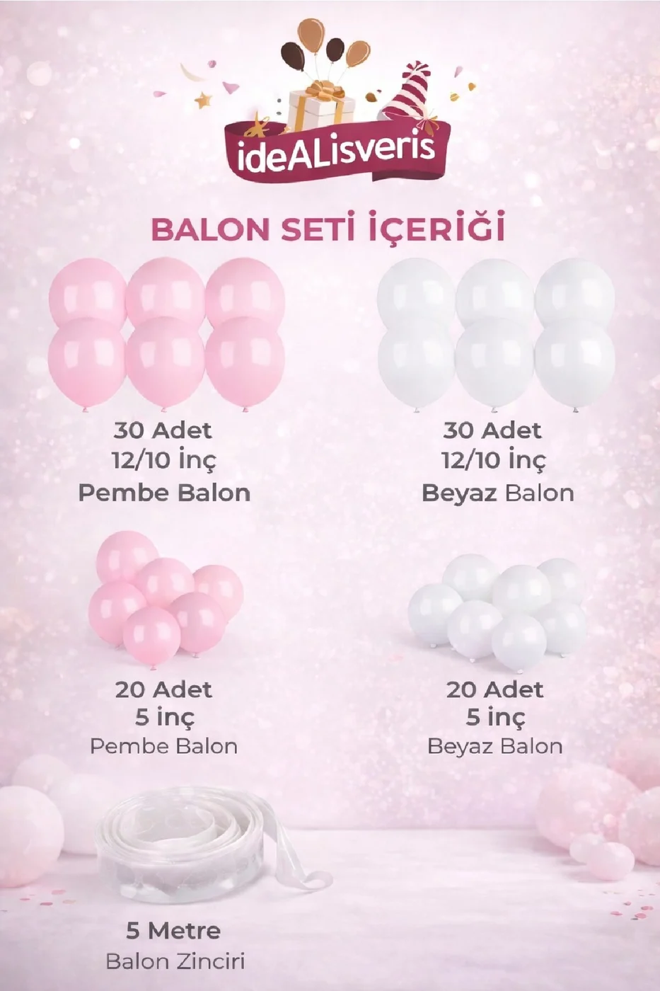 Macaron Pembe* Beyaz 100'lü Balon Zinciri Seti gorsel 2