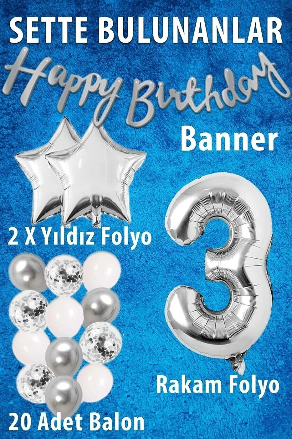 Gümüş Konsept Doğum Günü Kutlama Seti Beyaz Gümüş Konfetili Balon Rakam Yıldız Folyo Ve Banner gorsel 2