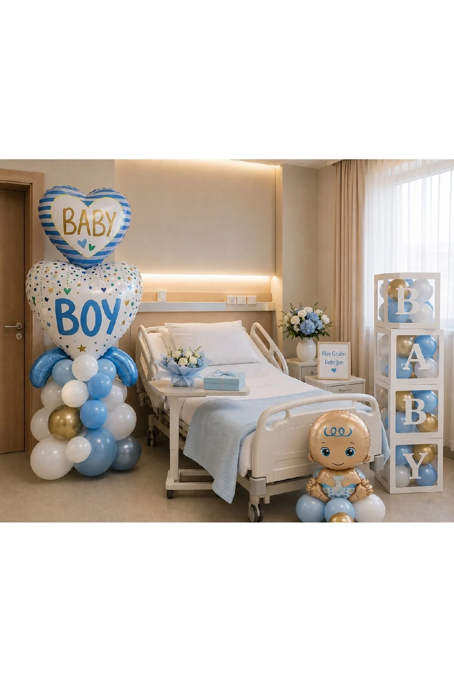 Hoş Geldin Bebek Hastane Odası Süsleme Seti | Erkek & Kız Bebek Dekorasyon Seti | BABY Kutu Seti, Baby Boy/Girl Balon, Bebek Folyo, Balon Zinciri | Premium Fotoğraf Çekim Konsepti