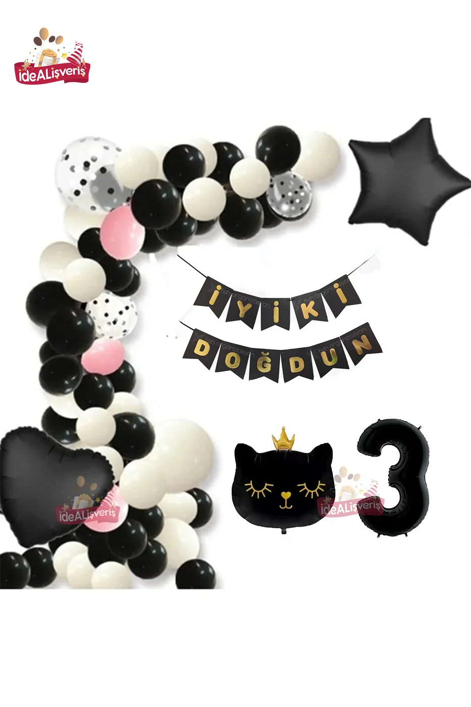 Bannerli 3 Yaş Siyah Kedi Folyolu Kalp Yıldız Siyah Beyaz Konsept Doğum Günü Seti