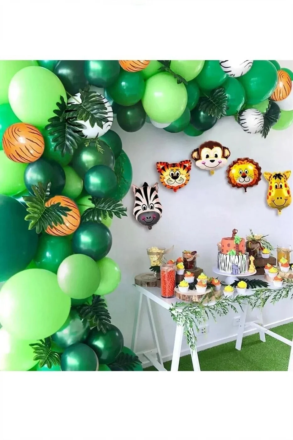 Tropikal Safari Temalı Zincir Balon - 80 Balon Zincir Folyo Kafalar Pompa Balon Yapışkanı