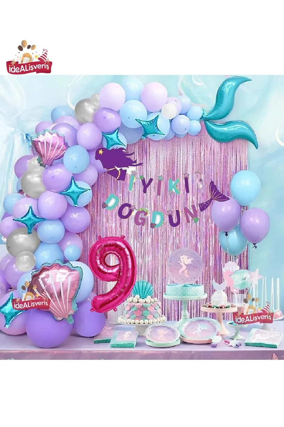 9 Yaş Deniz Kızı Banner Balon Mavi Mor Balonlar Folyo Saçak Perde Seti Doğum Günü Parti Süsü gorsel 3