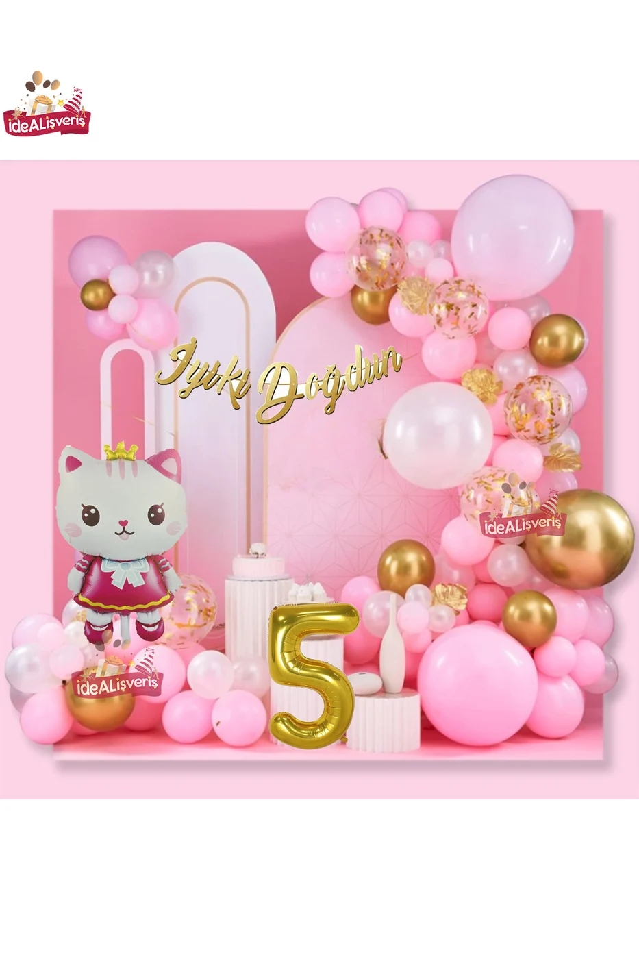 Taçlı Kedi 5 Yaş Folyo Balonlu Gold Pembe Konsept Doğum Günü Parti Seti