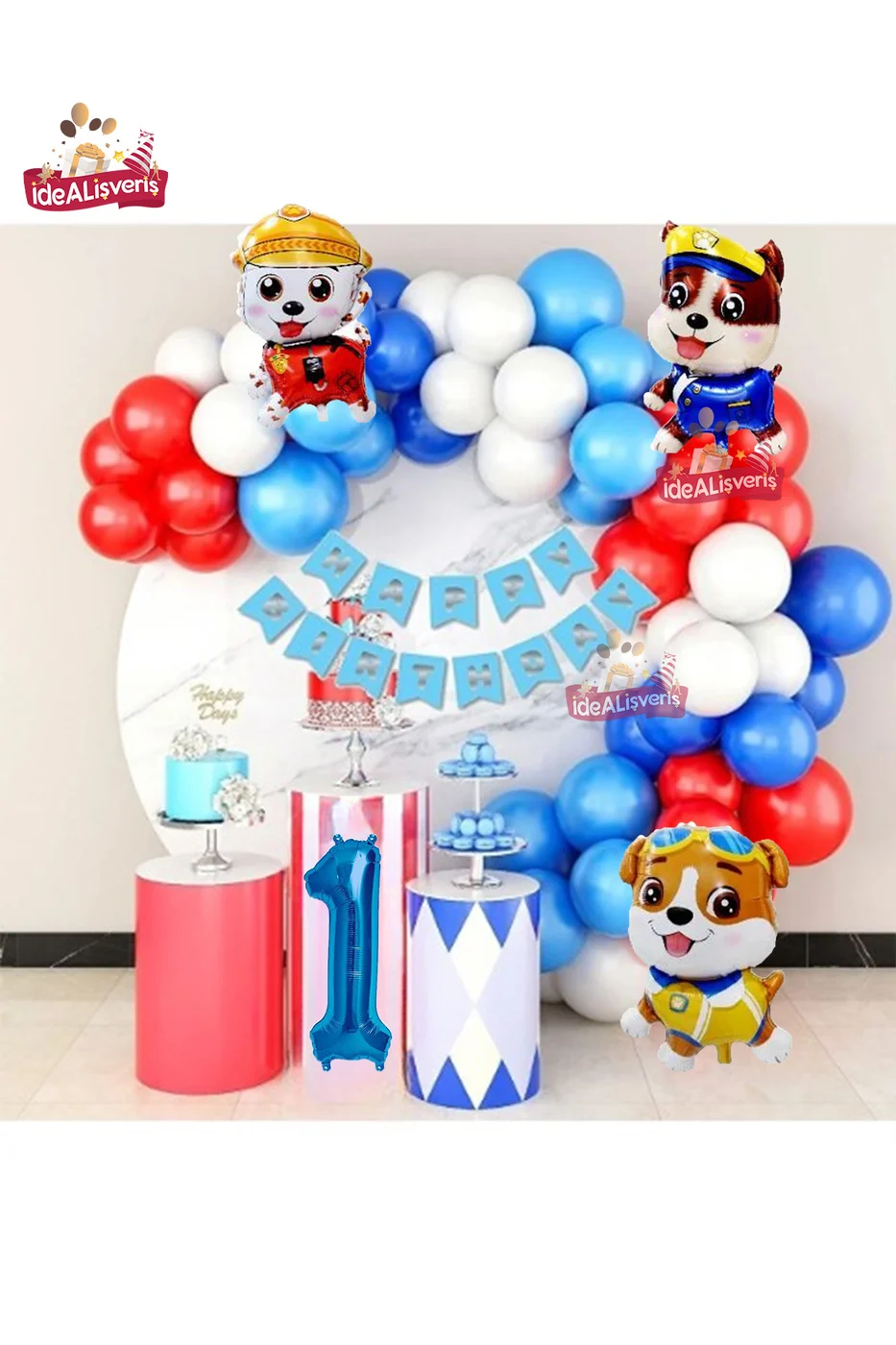 Devriye Köpek Folyo Balonlu 1 Yaş Mavi Kırmızı Beyaz Balon Zinciri