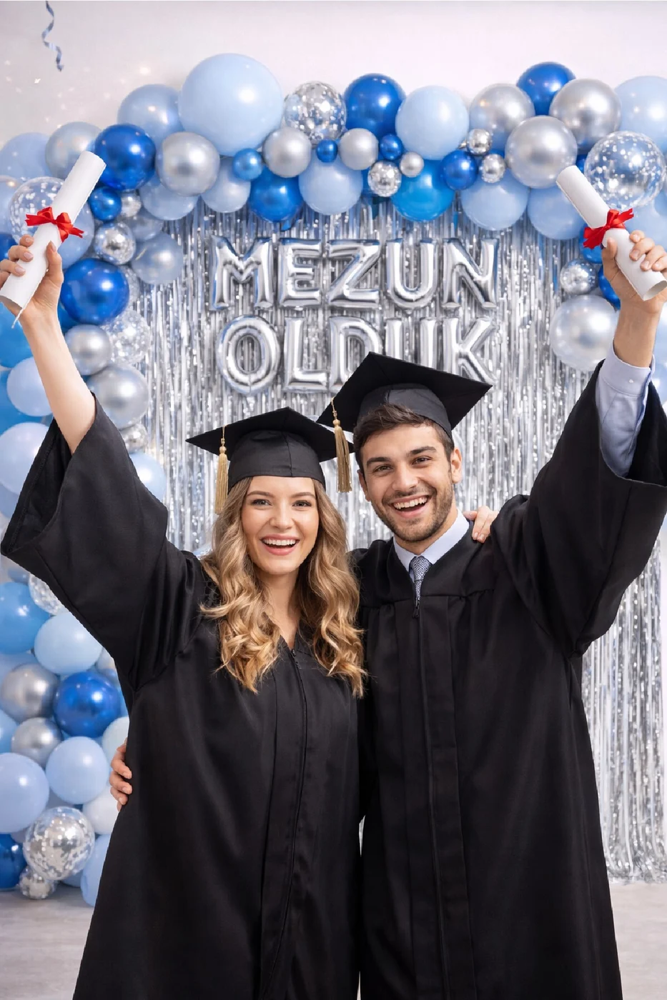 Premium Mavi Gümüş Mezuniyet Parti Seti 2026 Mezun Olduk Arka Fonlu Balon Zincirli Konsept gorsel 6