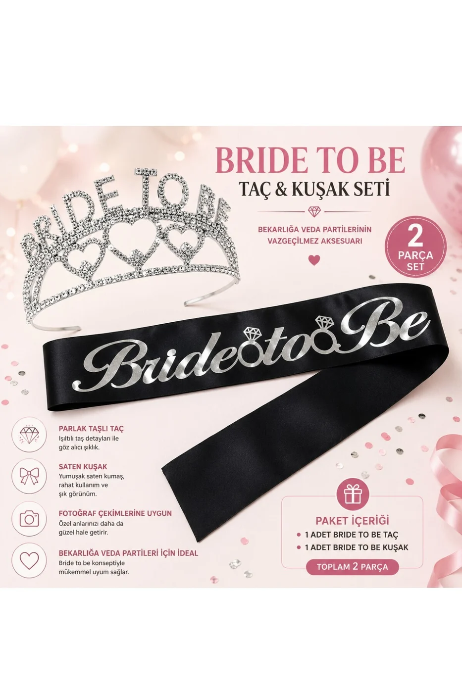 Bride To Be Taç ve Kuşak Seti Bekarlığa Veda Partisi Gelin Aksesuarı gorsel 7