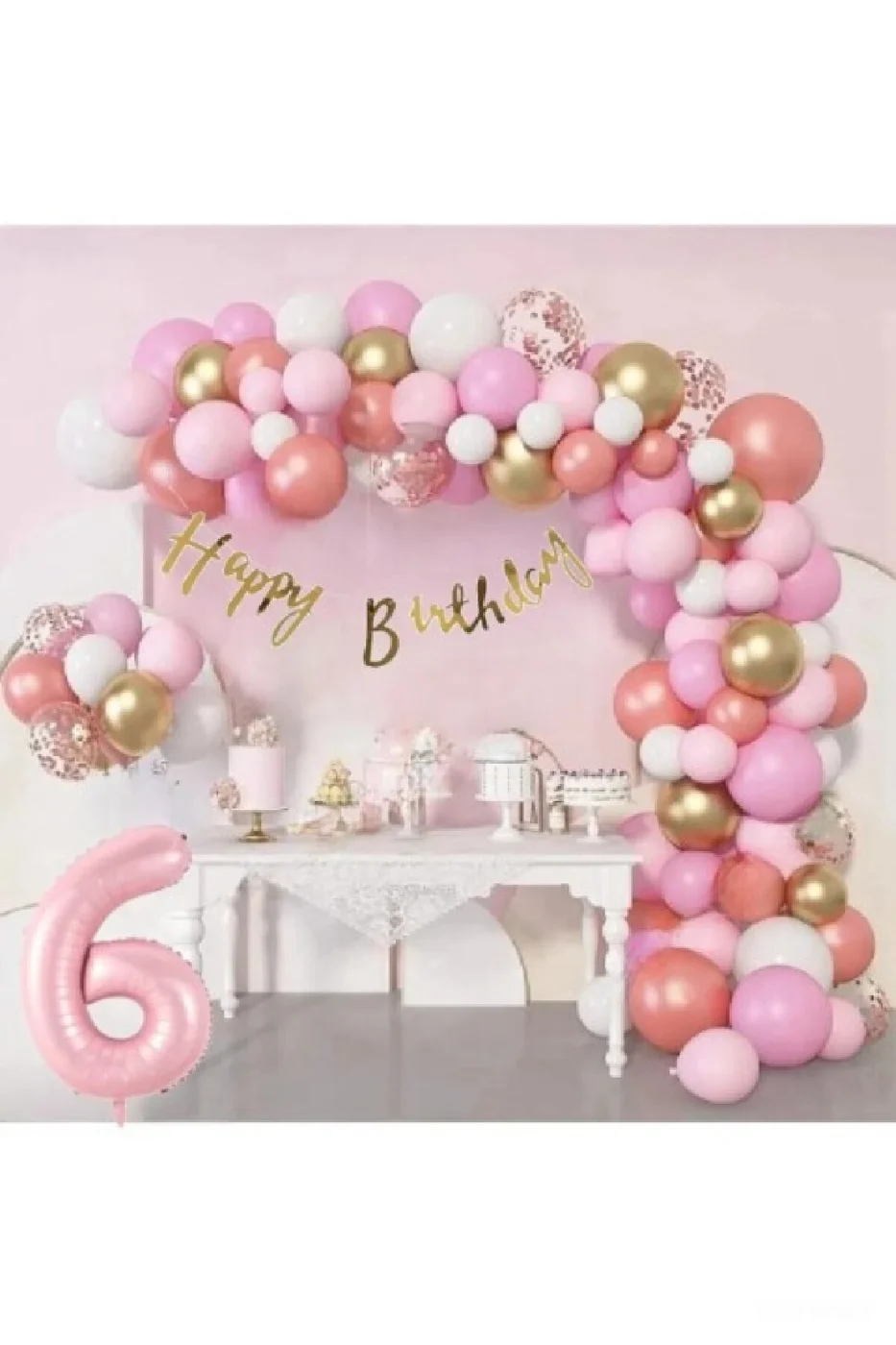 6 Yaş Lüks Pembe Rose Gold Pembe Folyo Balon Doğum Günü Parti Seti Süsü gorsel 3