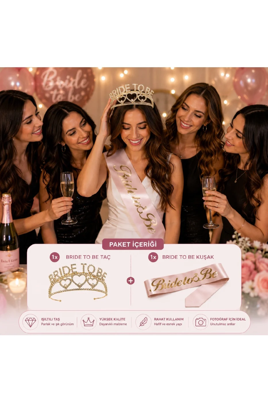 Gold Bride To Be Taç ve Kuşak Seti Bekarlığa Veda Partisi Gelin Tacı Kuşağı gorsel 8