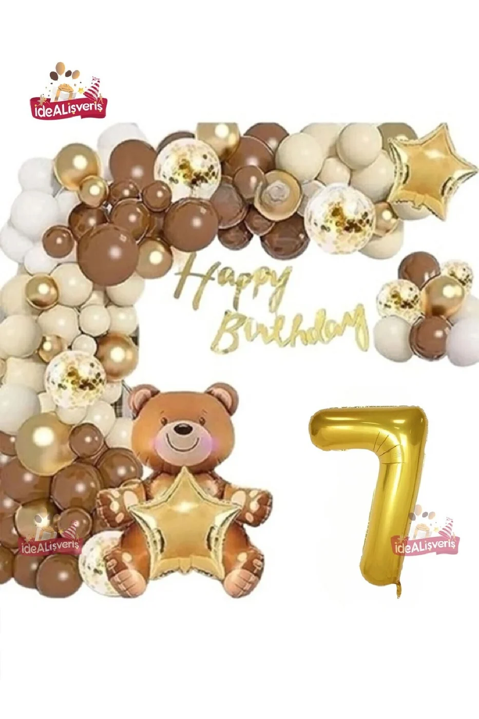 LÜKS KAHVERENGİ OTURAN AYI 7 YAŞ BALON SETİ DOĞUM GÜNÜ SÜSÜ PARTİ SETİ gorsel 2