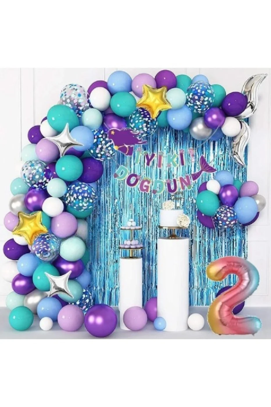 2 Yaş Gökkuşağı Folyolu Deniz Kızı Lüks  Balon Zinciri Doğum Günü Parti Seti Süsü gorsel 2