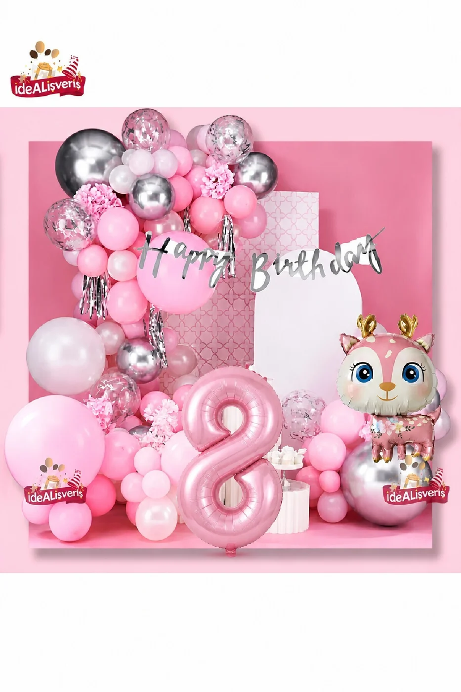 Kız Çocukları İçin Pembe Geyik Doğum Günü Süsü Seti 1-9 Yaş Pembe Balon Zinciri Happy Birthday Banner Parti Konsepti Seti