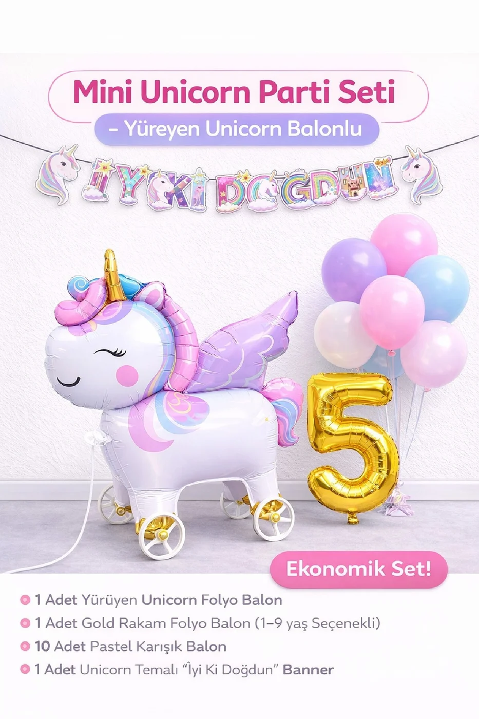 Mini Tekerlekli Unicorn Balonlu Karışık Balonlu Doğum Günü Seti Gold Rakamlı Parti Seti Süsü gorsel 2