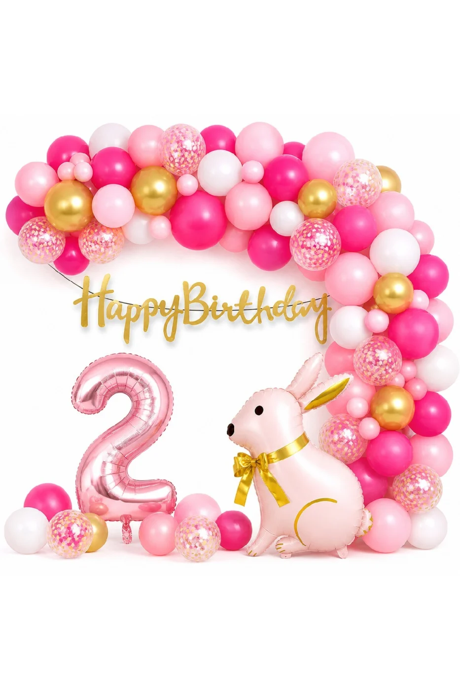 Pembe Tavşan Doğum Günü Seti 1-9 Yaş – Gold Balon Zinciri Happy Birthday Banner Parti Konsepti
