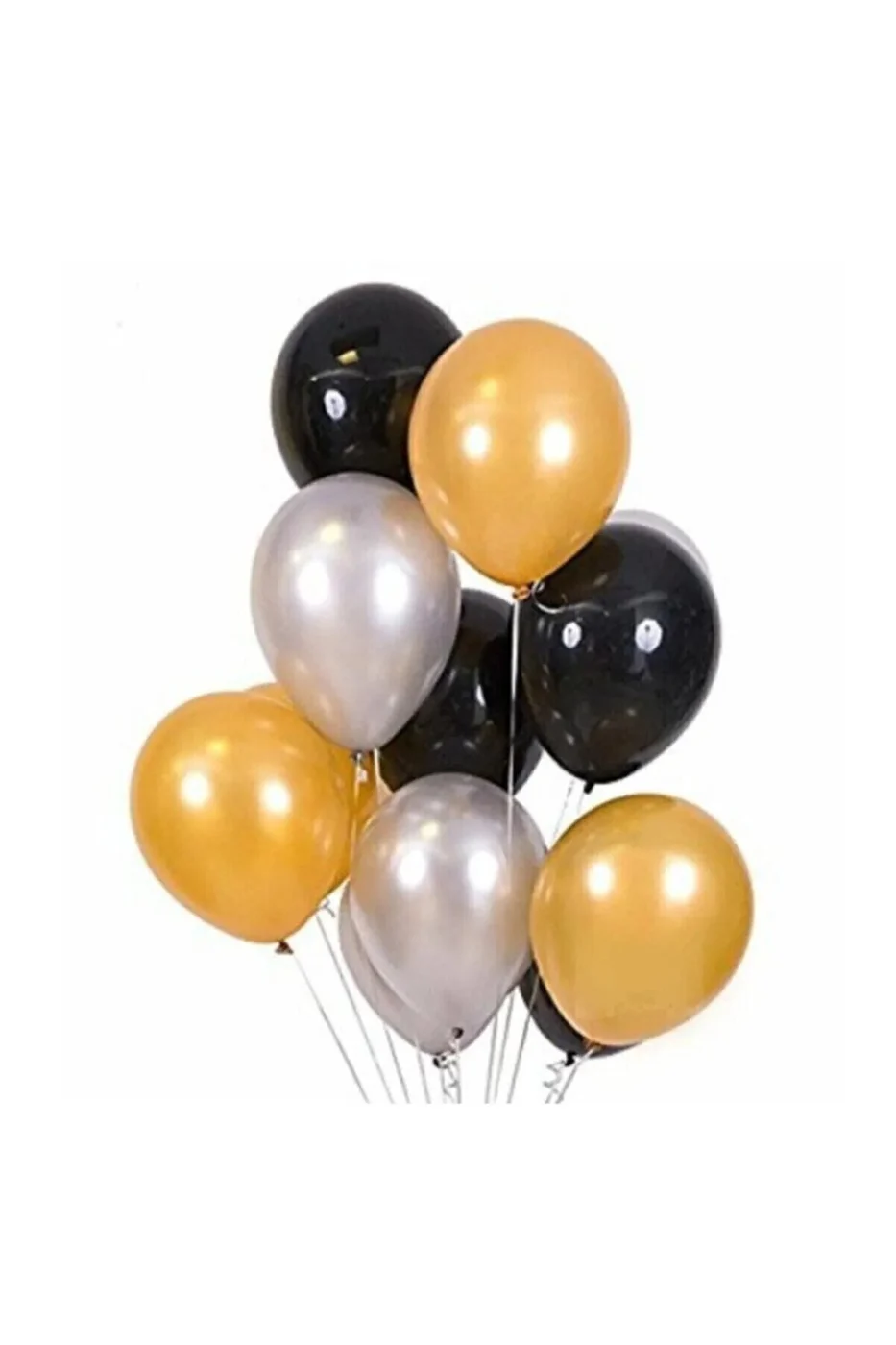 12li Metalik 4 Siyah, 4 Gümüş Gri, 4 Gold Altın Sarısı Parlak Balon Buketi Helyumla Uçan gorsel 2