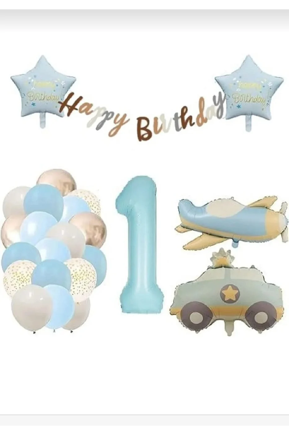 MAVİ YAŞ FOLYO BALONLU RETRO UÇAK POLİS ARABASI BALON RETRO DOĞUM GÜNÜ PARTİ SETİ SÜSÜ