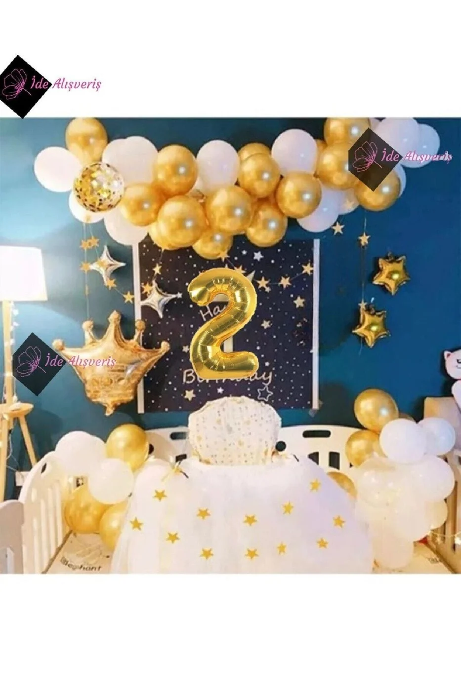 Kral Taçlı -2 Yaş Gold Zincir Balon Doğum Günü Seti