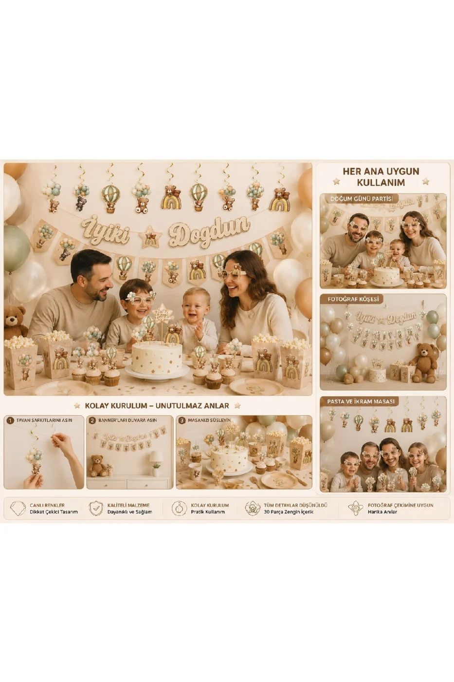 Ayıcık Parti Seti 30 Parça Teddy Bear İyi Ki Doğdun Doğum Günü Süsleri Banner Gözlük Pasta Figürü Mısır Kutusu Bebek Parti Konsepti gorsel 5