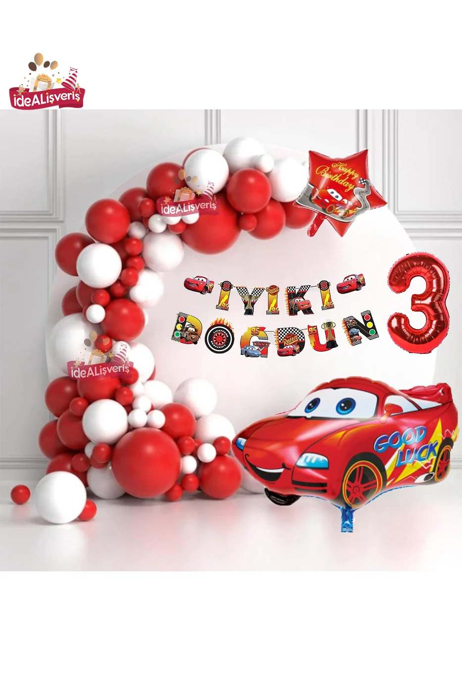 Bannerli 3 Yaş Yıldız Araba Folyo Balonlu Kırmızı Beyaz Konsept Doğum Günü Parti Seti