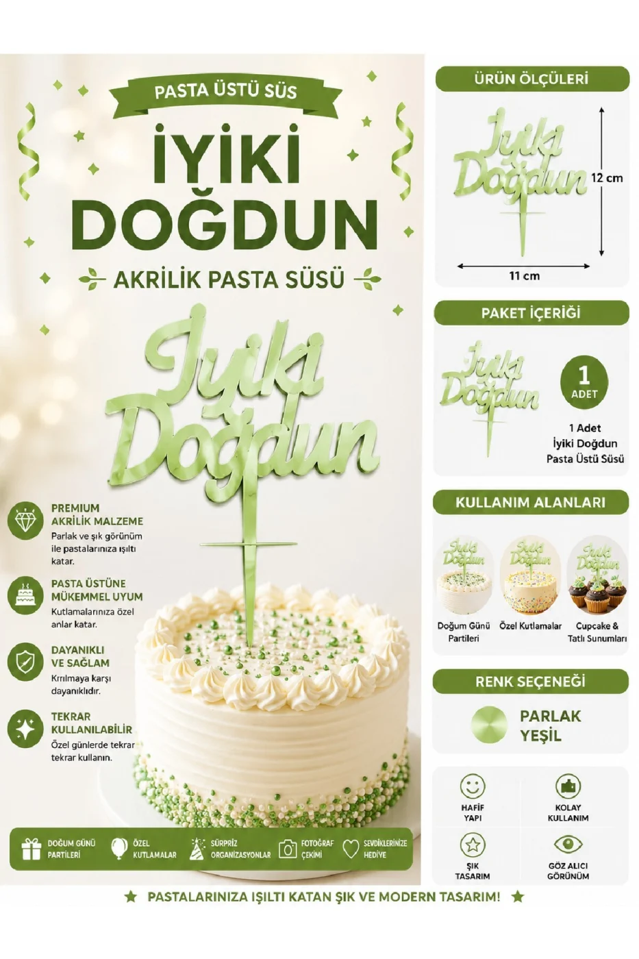 İyiki Doğdun ve Happy Birthday Pasta Üstü Süsü Yazısı Akrilik Parlak Doğum Günü Pasta Yazısı Topper 11x12 cm Doğum Günü Parti Pastası Dekoru gorsel 2