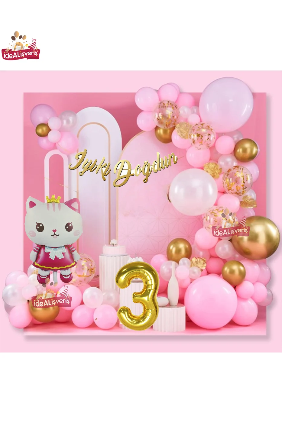 Taçlı Kedi 3 Yaş Folyo Balonlu Gold Pembe Konsept Doğum Günü Parti Seti