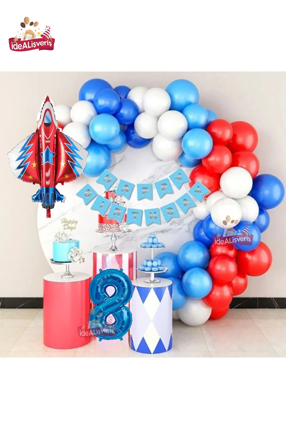 Jet Uçak Mavi 8 Yaş Folyolu Kırmızı Beyaz Mavi Balon Zincir Doğum Günü Seti