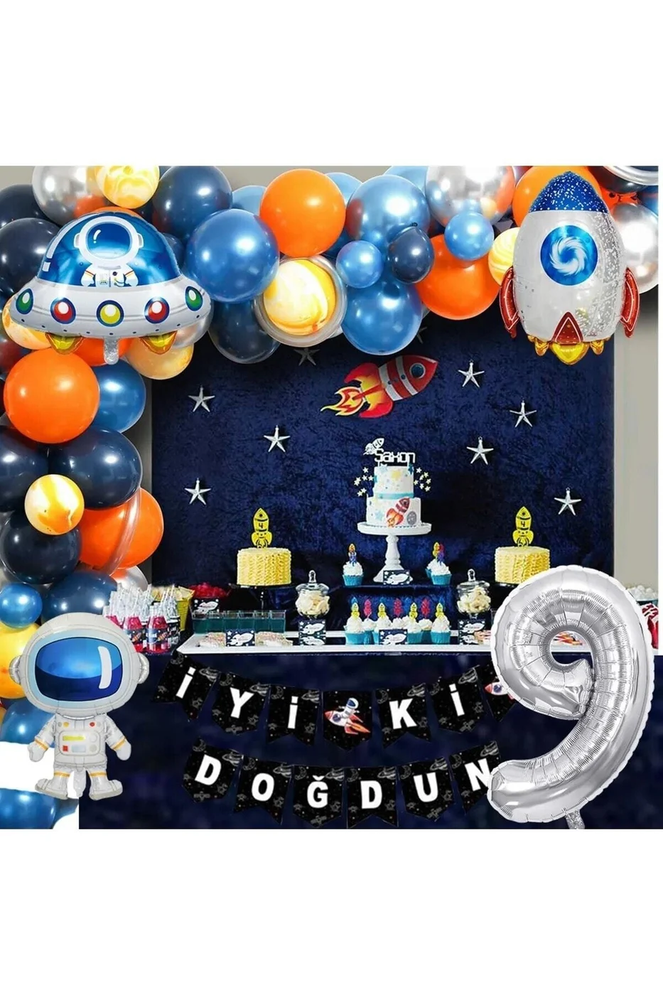 Uzay Temalı Doğum Günü Seti 9 Yaş; 4 Adet Folyo, 50 Lateks Balon, Banner, Balon Zinciri, Balon Bandı gorsel 2