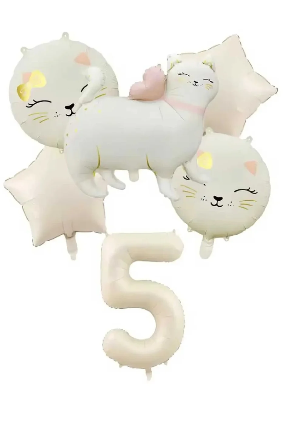 SEVİMLİ RETRO KEDİ FOLYO BALONLU KREM YILDIZLI KREM YAŞ BALONLU DOĞUM GÜNÜ PARTİ SETİ SÜSÜ