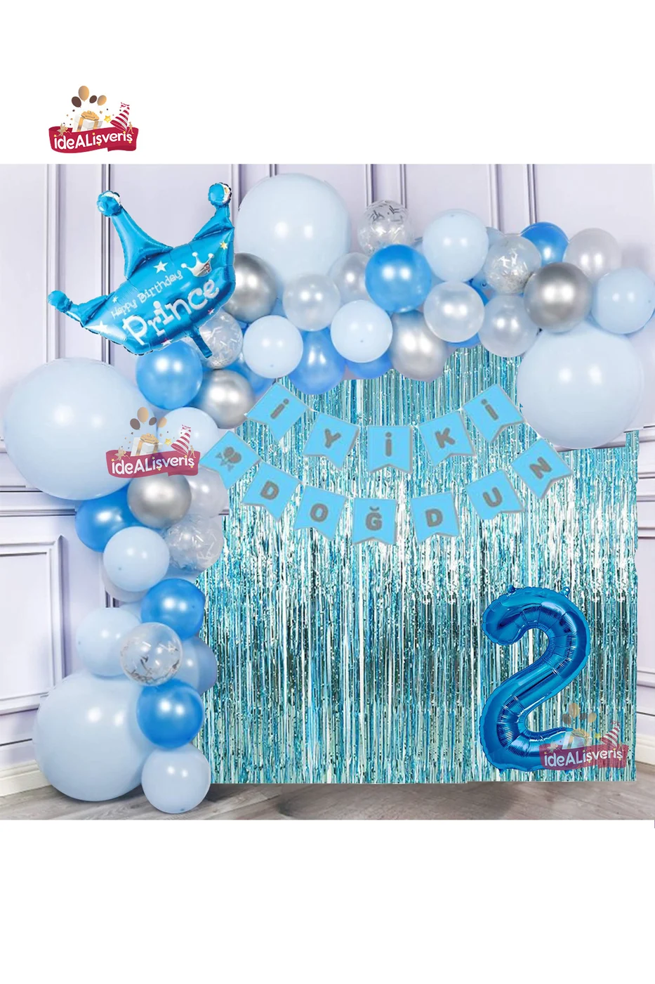 Mavi Gümüş Konseptli 2 Yaş Prens Taçlı Doğum Günü Balon Zincir Seti