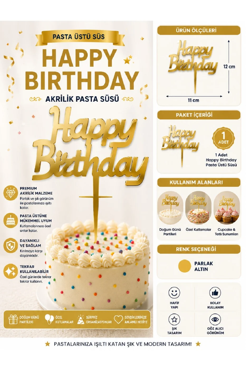 İyiki Doğdun ve Happy Birthday Pasta Üstü Süsü Yazısı Akrilik Parlak Doğum Günü Pasta Yazısı Topper 11x12 cm Doğum Günü Parti Pastası Dekoru gorsel 2