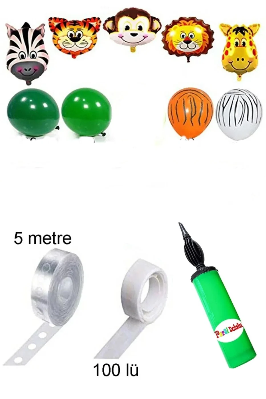 Tropikal Safari Temalı Zincir Balon - 80 Balon Zincir Folyo Kafalar Pompa Balon Yapışkanı gorsel 3