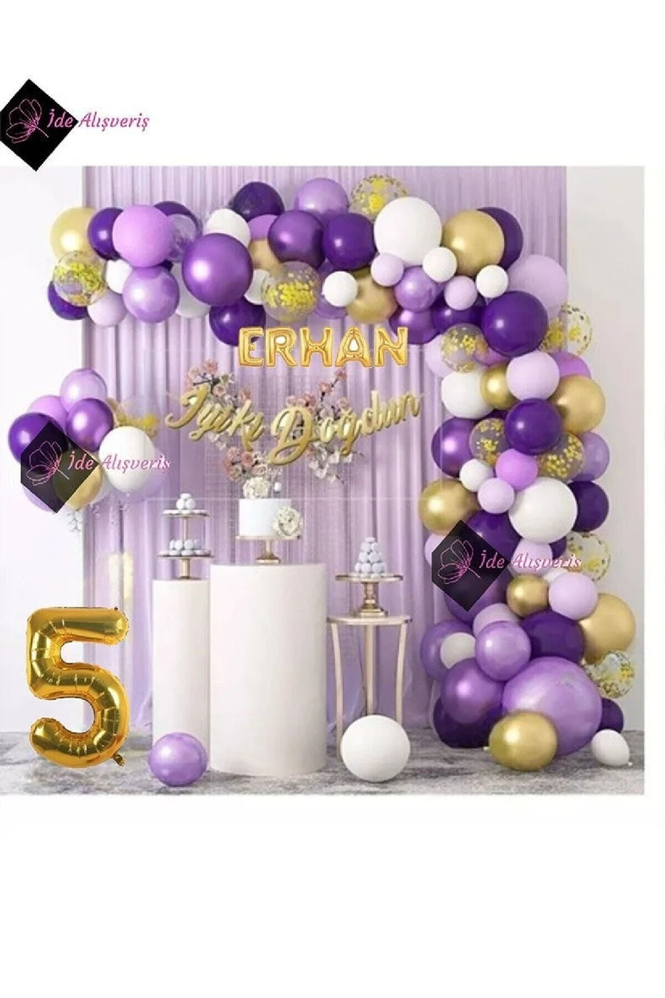 5 Harf İsimli 5 Yaş Macaron Mor Balon Zinciri Seti Gölge Mor Altın Balon Dekorasyon gorsel 3
