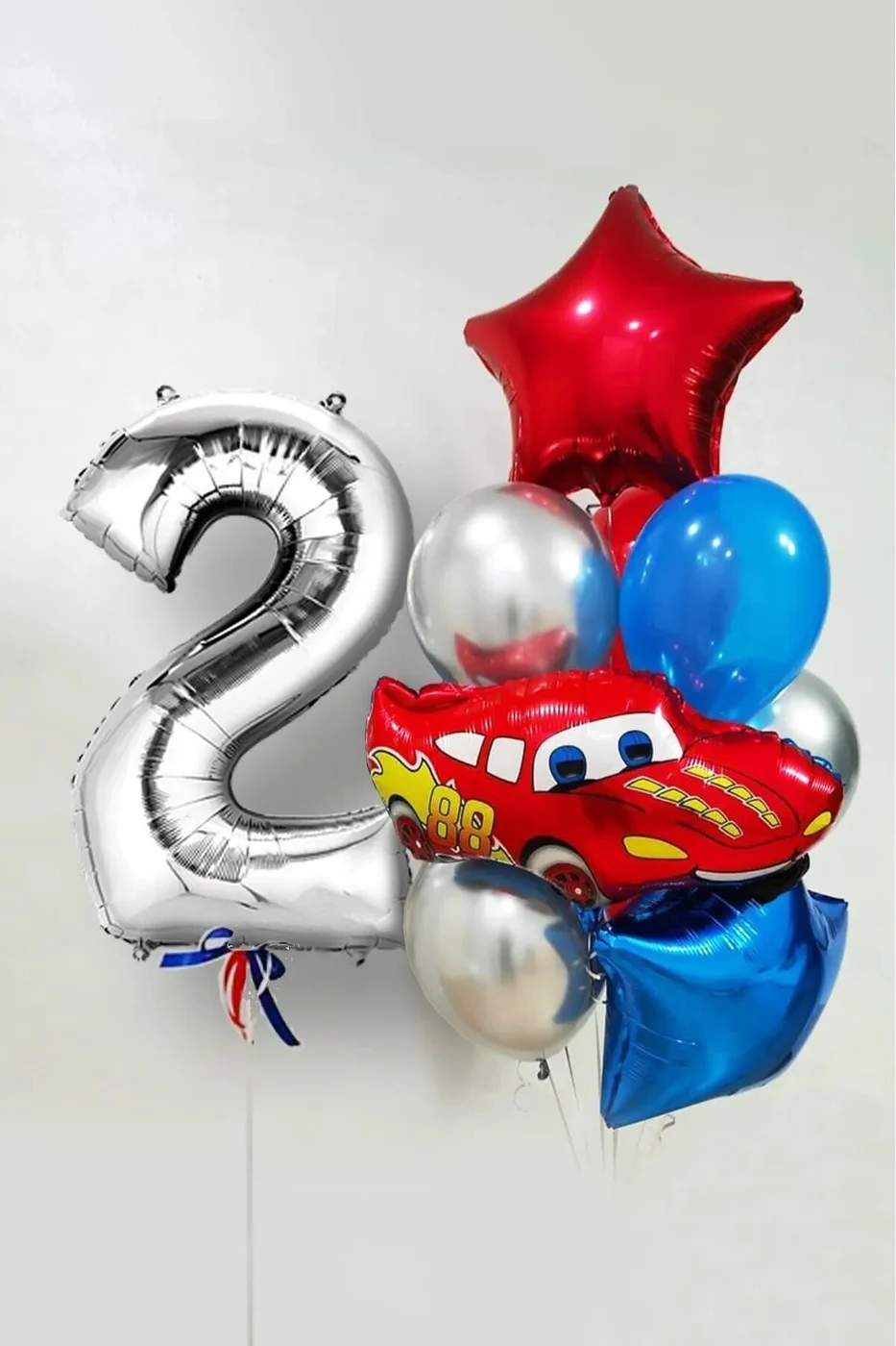 2 Yaş Şimşek Araba Temalı Balon Seti 76cm Gümüş Rakam Balonlu Yıldızlı Set gorsel 2