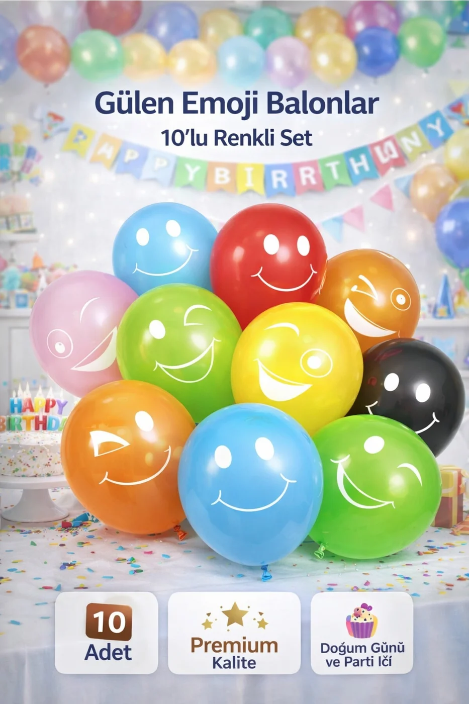 10'lu Gülen Emoji Balon Seti – Renkli Latex Doğum Günü Parti Balonları (11 İnç)