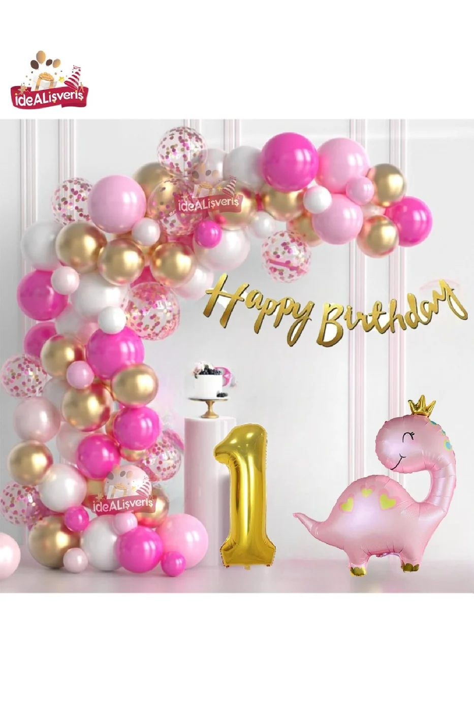 Lüks Pembe Dinozor 1 Yaş Folyo Balonlu Pembe Gold Beyaz Doğum Günü Parti Seti Süsü gorsel 2