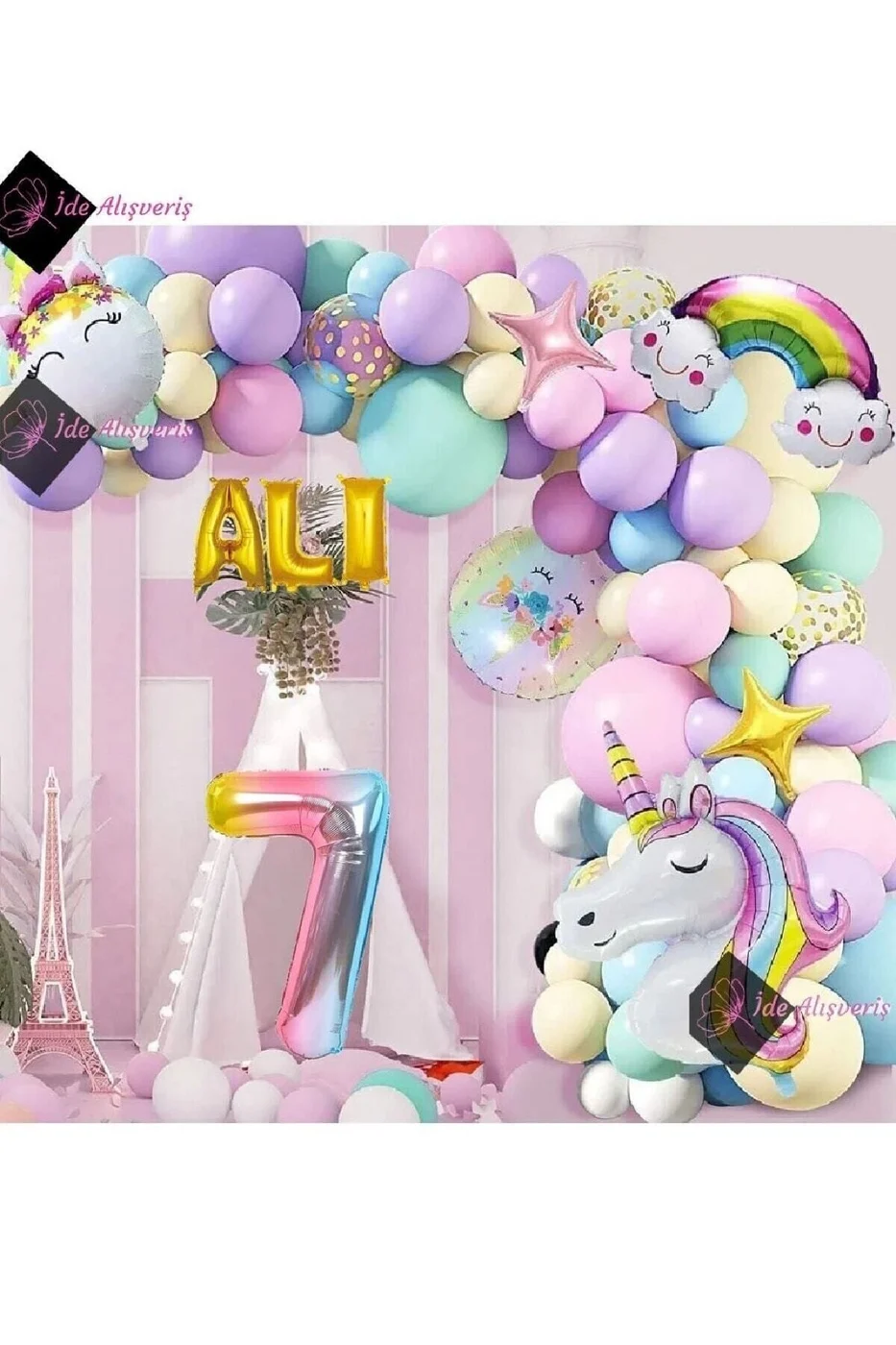 7 Yaş Ve 3 Harfli Gökkuşağı Konsepti Unicorn Temalı Makaron Balon Doğum Günü Parti Kutlama Seti