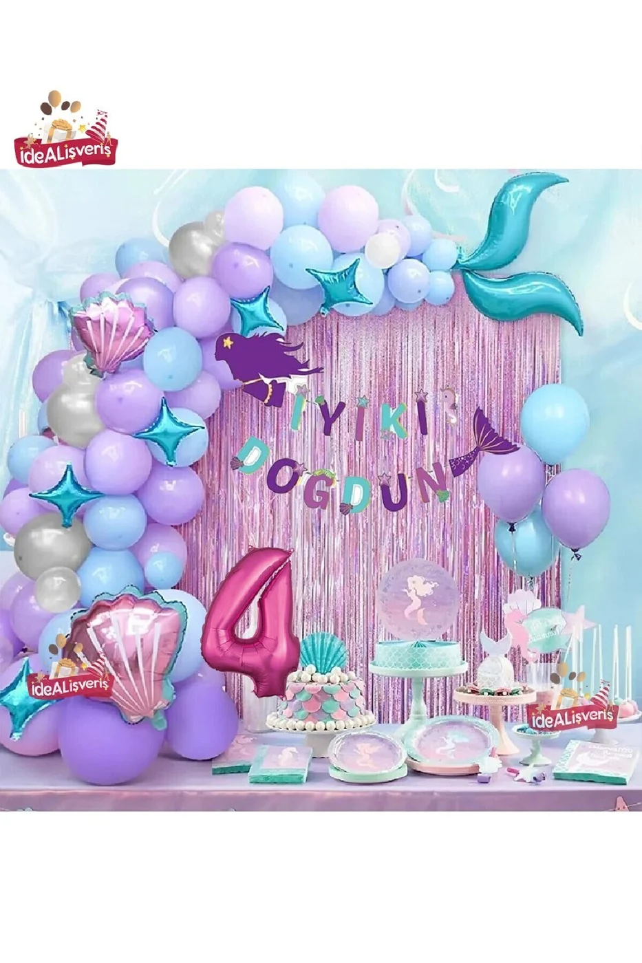 4 Yaş Deniz Kızı Banner Balon Mavi Mor Balonlar Folyo Saçak Perde Seti Doğum Günü Parti Süsü gorsel 3