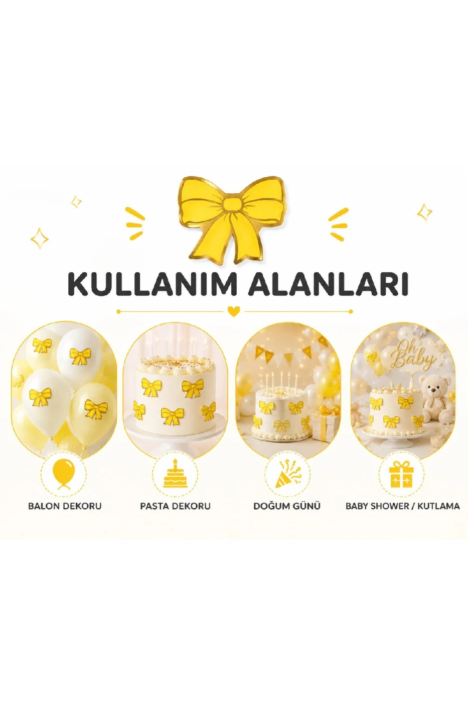 Renk Seçenekli Fiyonk Balon ve Pasta Dekor Fiyonk Seti 12 Adet Büyük & Küçük Boy Parti Süsü Baby Shower Doğum Günü Seti Süsü gorsel 3