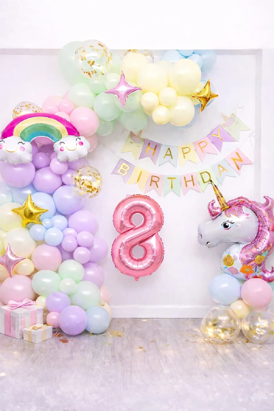 Yaş Balonlu Unicorn Temalı Pastel Doğum Günü Süsleme Seti Balon Zincirli Deluxe Parti Seti Konsepti