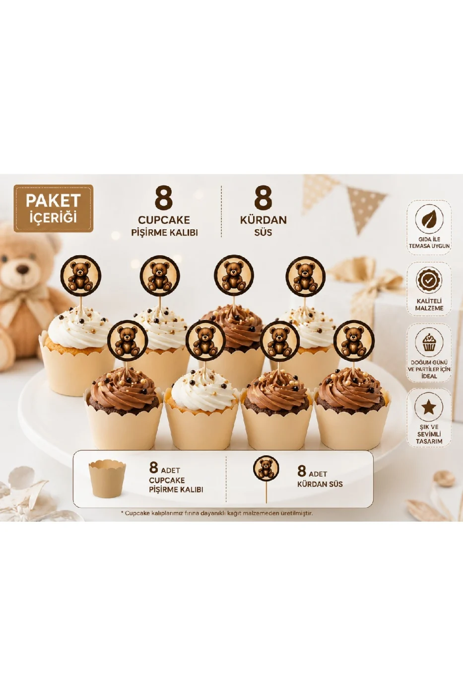 Teddy Bear Cupcake Süsü Seti | 8 Cupcake Kalıbı + 8 Ayıcık Kürdan | Baby Shower | 1 Yaş Doğum Günü | Parti Malzemeleri | 16 Parça gorsel 2