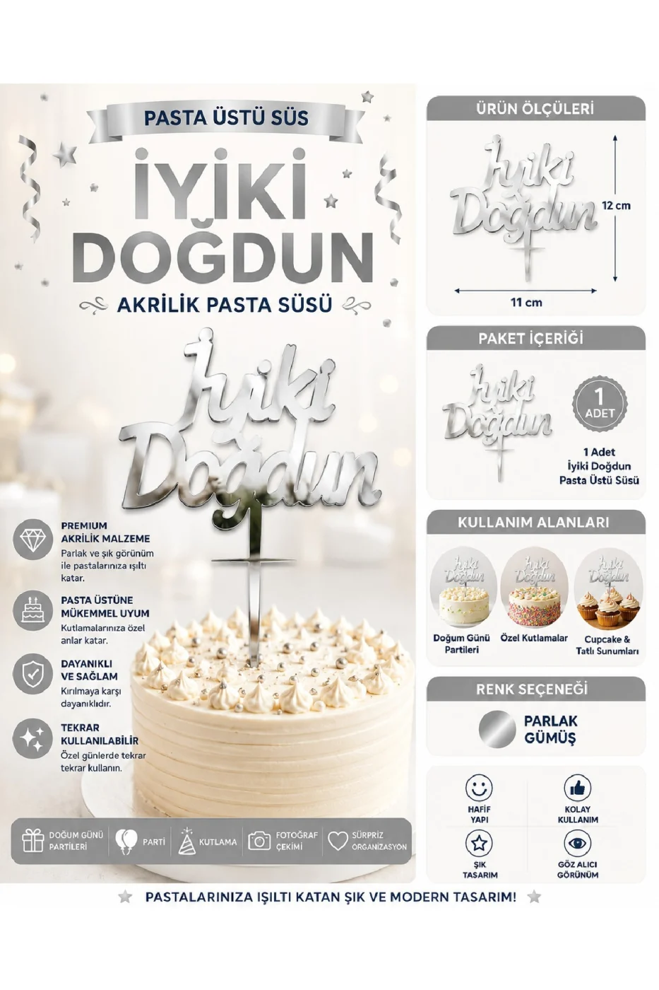 İyiki Doğdun ve Happy Birthday Pasta Üstü Süsü Yazısı Akrilik Parlak Doğum Günü Pasta Yazısı Topper 11x12 cm Doğum Günü Parti Pastası Dekoru gorsel 2